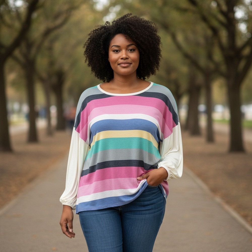 Striped Long Sleeve Top in Pink, Blue, and Green Size 1X
